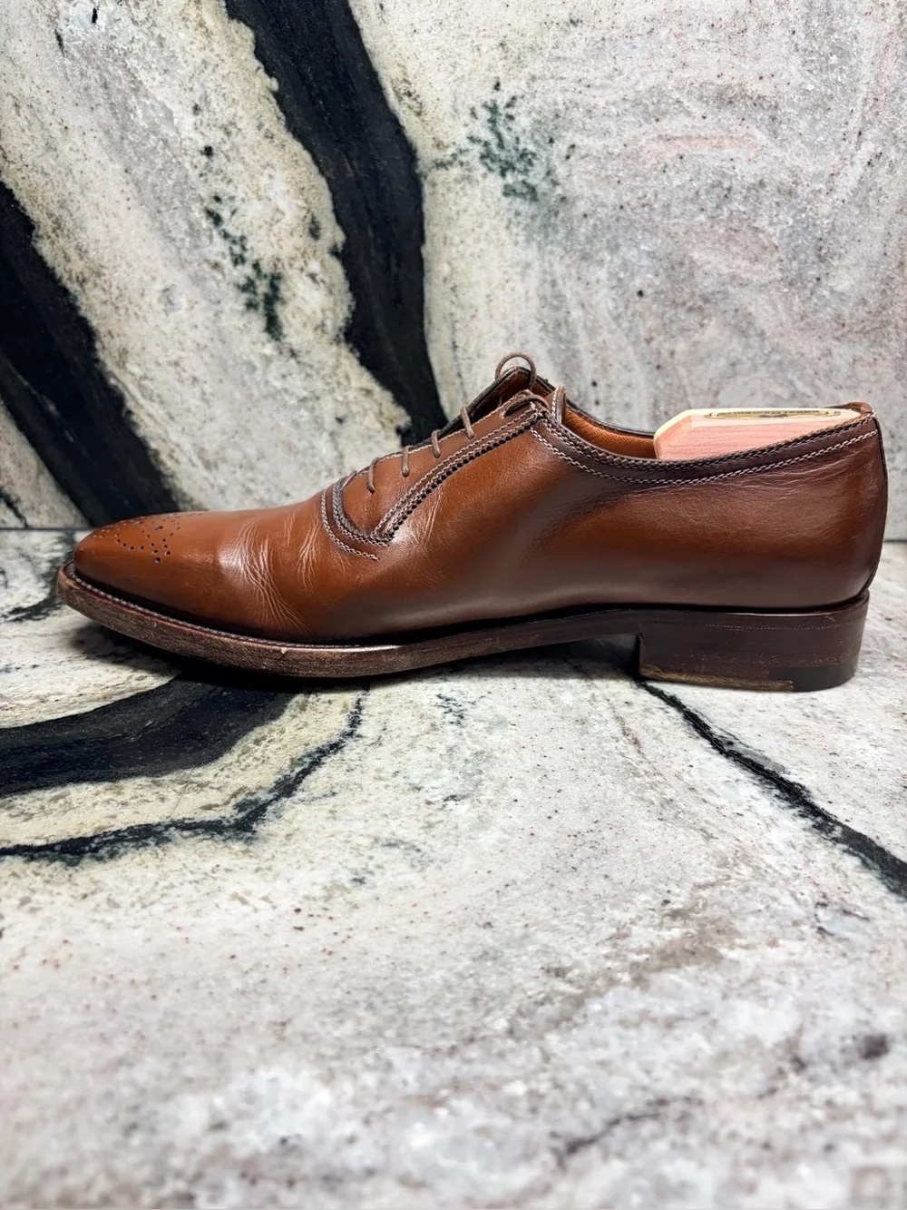 A.Testoni Black Label 8.5 M Brown Leather Medallion Oxford Shoes Italy